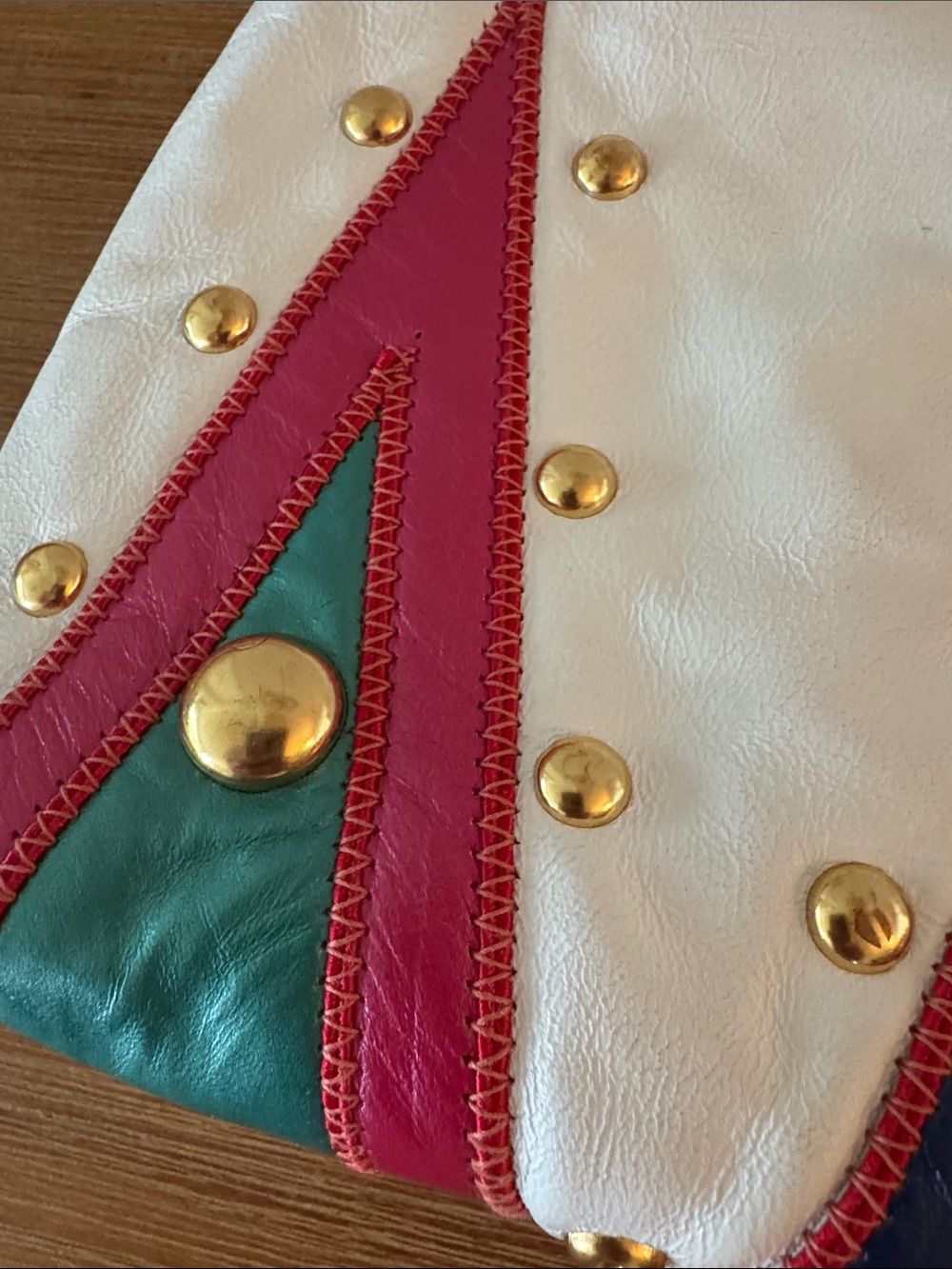 NWT Vintage Samir Handbags White Leather Studded Colorblock Satchel USA - Picture 10 of 12